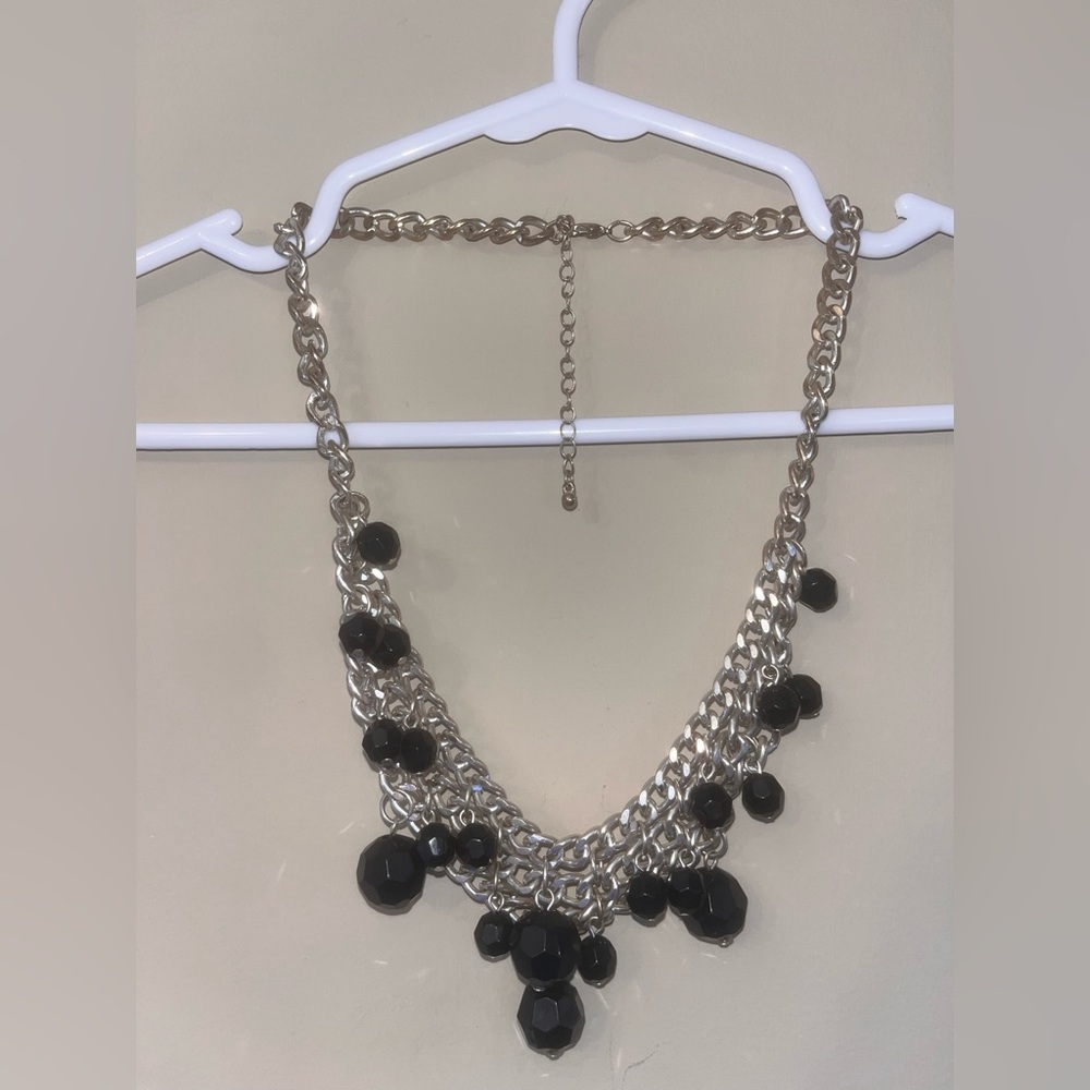 Silver Chain Necklace with Black Bead Clusters